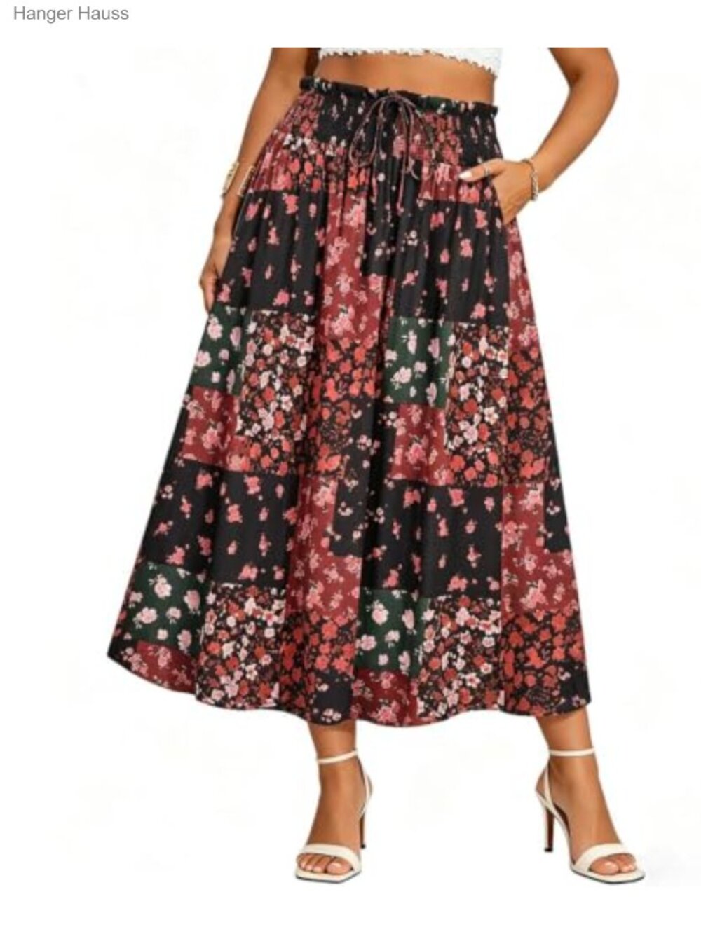 Plus Size Floral Maxi Skirt High Waist A-Line with Pockets